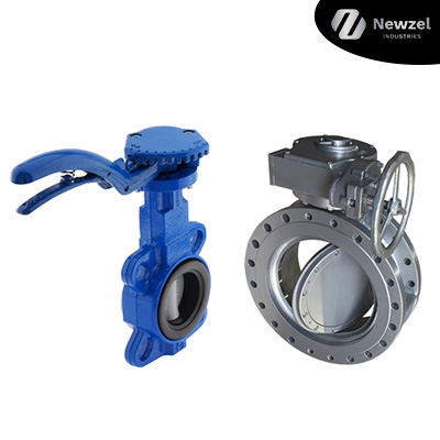 A zero-offset butterfly valve with a lever handle (left) and an eccentric butterfly valve with a hand wheel (right)